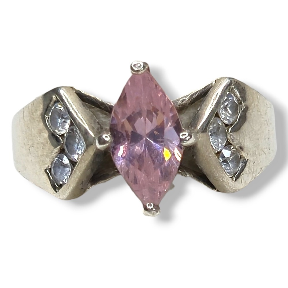 Vintage Cocktail Ring Sterling Silver 925 Size 7 Pink Marquise Faceted Stone